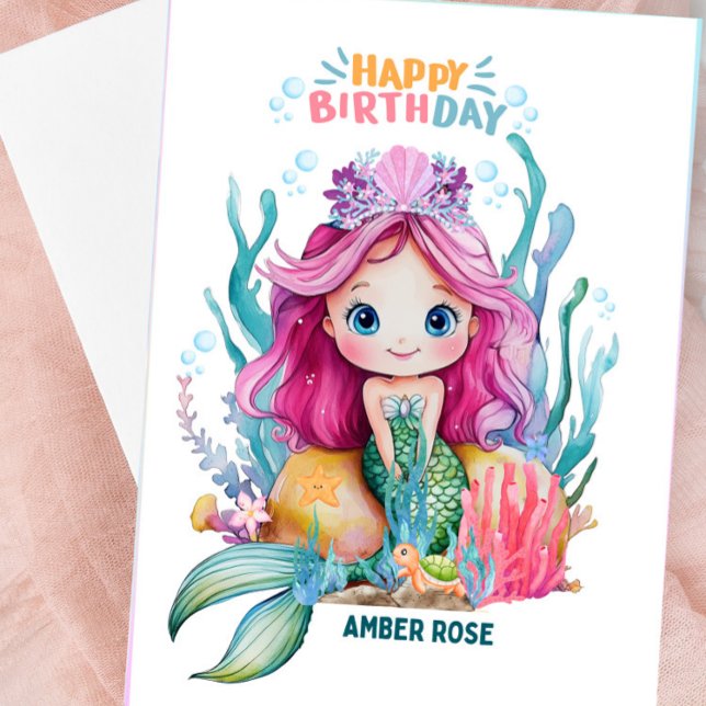 Cute Rosa & Blue Sjöjungfru Birthday Card för flic Kort (HAPPY BIRTHDAY - Personalized Mermaid Birthday Card)