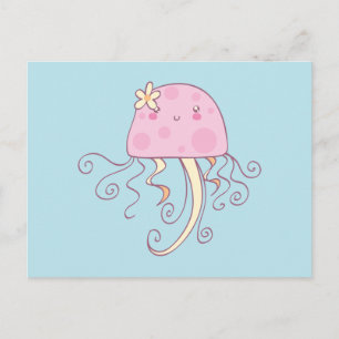 Cute Rosa Blue Tecknad Jellyfish Vykort