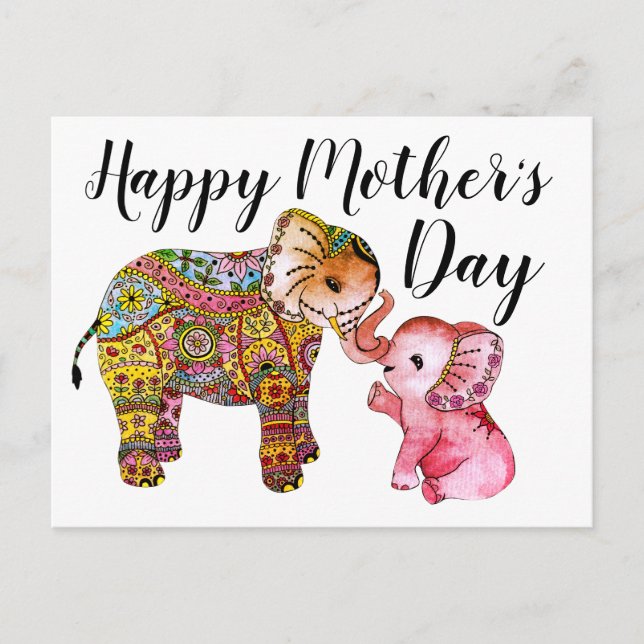 Cute Rosa Boho Elephants Lycklig Mors dag Vykort (Framsida)