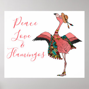 Cute Rosa Boho Peace Kärlek och Flamingos inspirat Poster