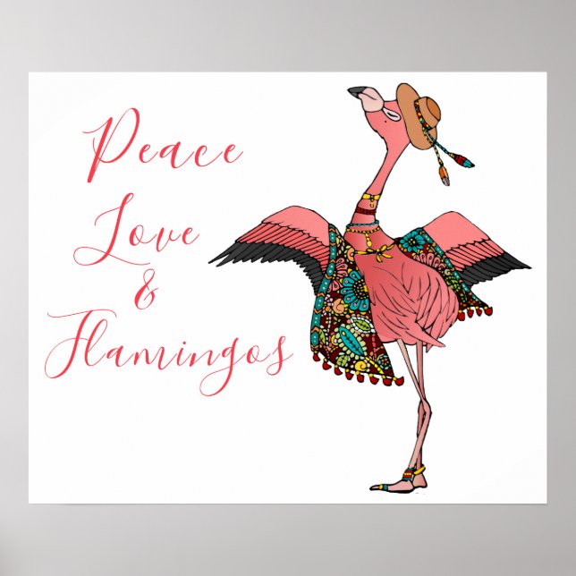 Cute Rosa Boho Peace Kärlek och Flamingos inspirat Poster (Framsidan)