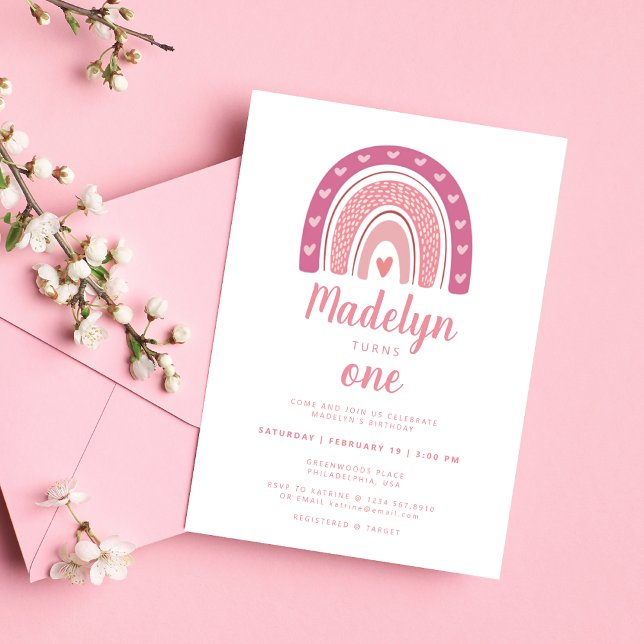 Cute Rosa Boho Rainbow Första födelsedag Inbjudningar (Skapare uppladdad)