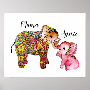 Cute Rosa Boho Watercolor Elephant Nursery Decor Poster