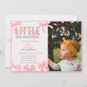 Cute Rosa Bow 1st Girl Birthday Inbjudningar