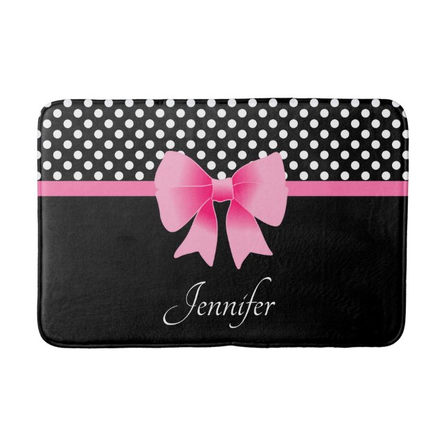 Cute Rosa Bow Black and White Polka dots Badrumsmatta (Framsidan)