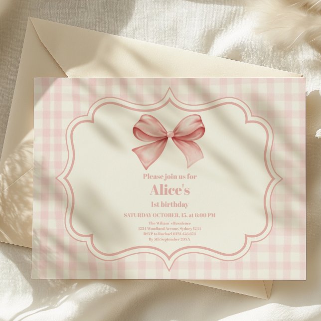 Cute Rosa Bow Coquette 1:a födelsedag Inbjudningar (Skapare uppladdad)