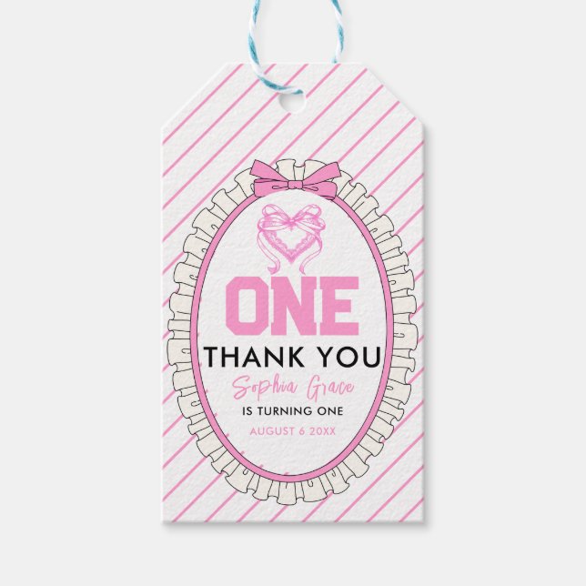 Cute Rosa Bow Coquette 1:a födelsedag Presentetikett (Framsidan)