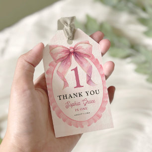 Cute Rosa Bow Coquette 1:a födelsedag Presentetikett