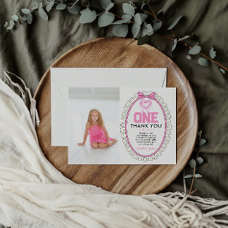 Cute Rosa Bow Coquette 1:a födelsedagsfoto Tack Kort