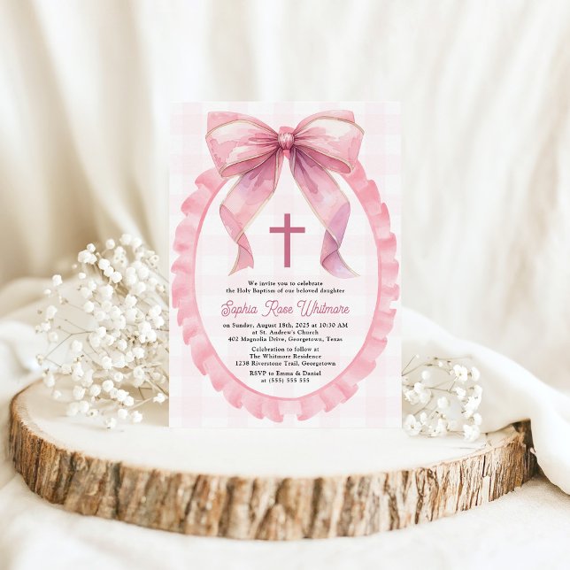 Cute Rosa Bow Coquette Baptism Inbjudningar (Skapare uppladdad)