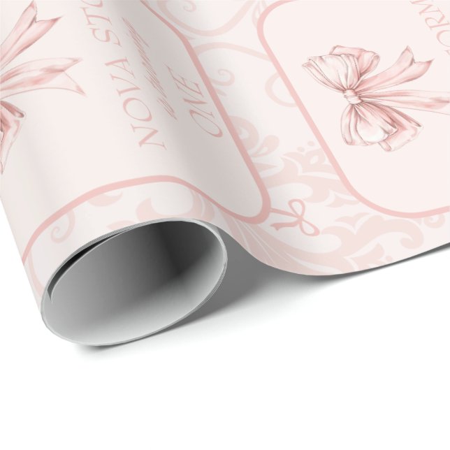 Cute Rosa Bow Coquette Toile Personlig Birthday Presentpapper (Rullad Hörn)
