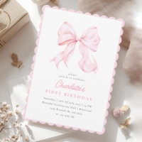 Cute Rosa Bow Girl First Birthday-inbjudan
