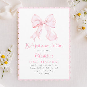 Cute Rosa Bow Girl First Birthday-inbjudan Inbjudningar