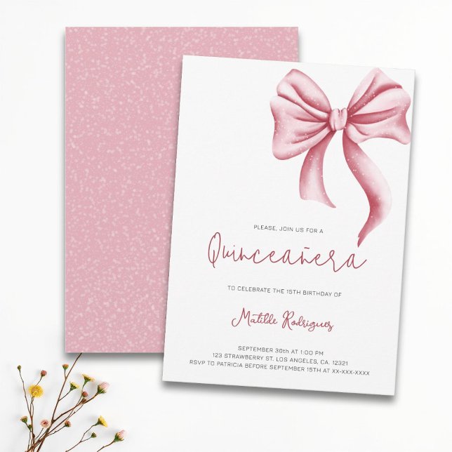 Cute Rosa Bow Girly Quinceanera Birthday Inbjudningar (Skapare uppladdad)