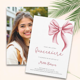 Cute Rosa Bow Girly Quinceanera Photo Birthday Inbjudningar