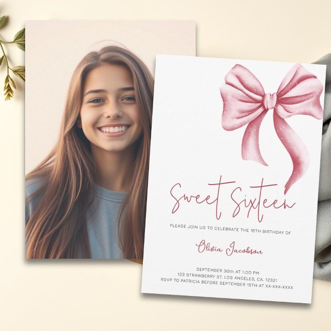 Cute Rosa Bow Girly Sweet sixteen Photo Birthday Inbjudningar (Skapare uppladdad)