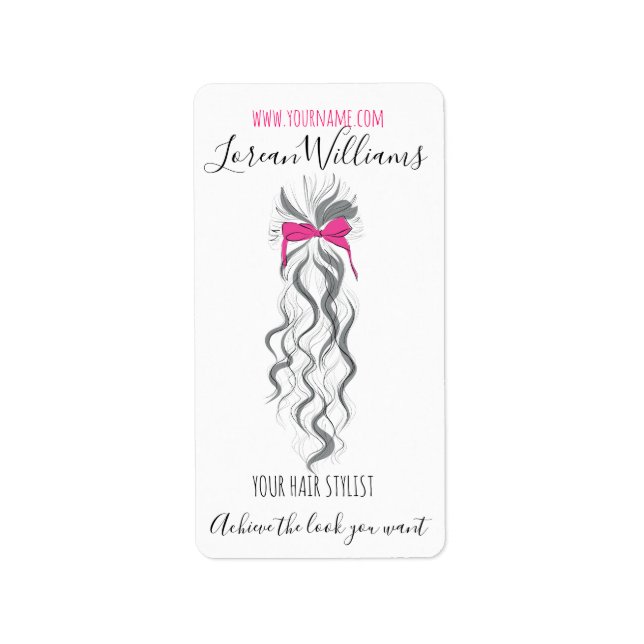 Cute Rosa Bow Grått och White Braider Hair Styling Adressetikett (Framsidan)