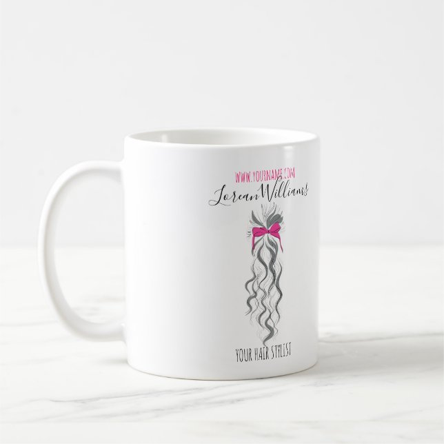 Cute Rosa Bow Grått och White Braider Hair Styling Kaffemugg (Vänster)