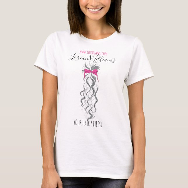 Cute Rosa Bow Grått och White Braider Hair Styling T-shirt (Framsida)
