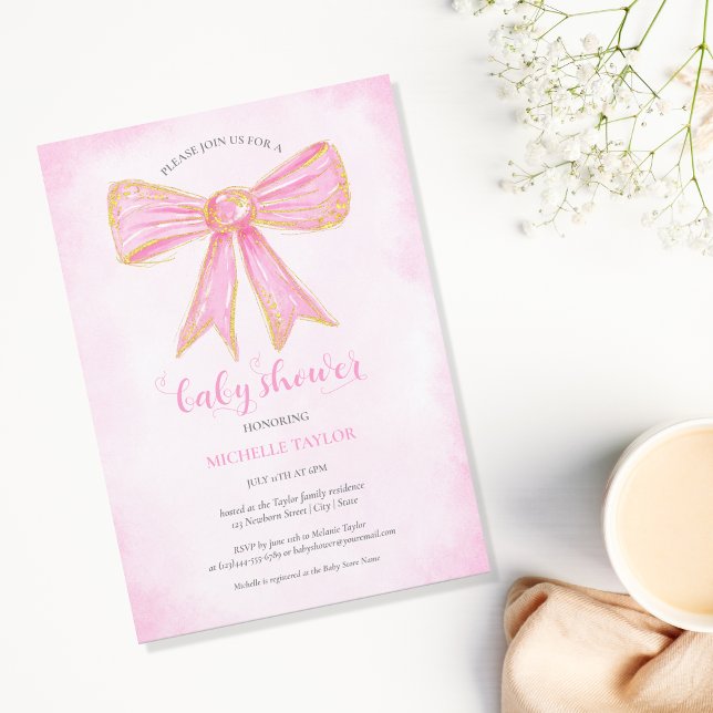 Cute Rosa Bow Guld Glitter Flicka Inbjudningar (pink glitter gold bow)