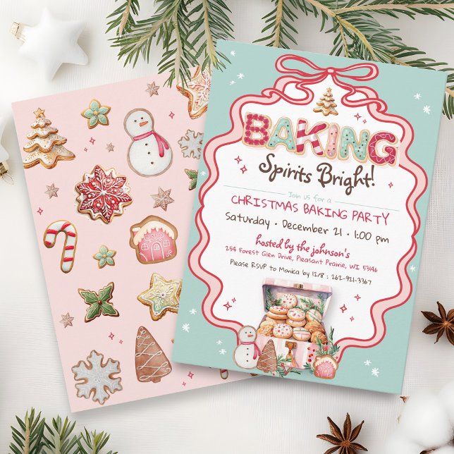 Cute Rosa Bow Julkookies Baking Party TEAL Inbjudningar (Cute pink red green coquette bow ribbon frame Baking Spirits Bright Christmas cookie Baking Invite)