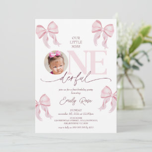 Cute Rosa Bow Little Miss Oenderful 1:a födelsedag Inbjudningar