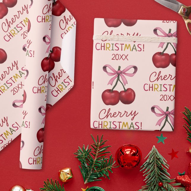 Cute Rosa Bow och Red Cherry jul Mönster Presentpapper (Skapare uppladdad)