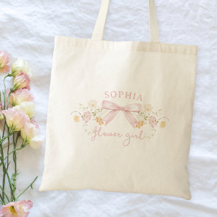 Cute Rosa Bow och Wildblommor Modern Flower Girl Tygkasse