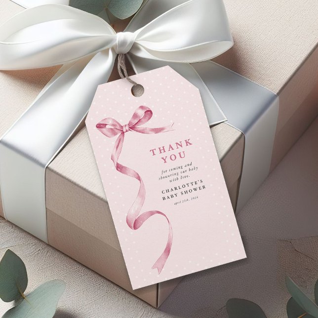 Cute Rosa Bow Ribbon Girl Baby Shower Presentetikett (Skapare uppladdad)
