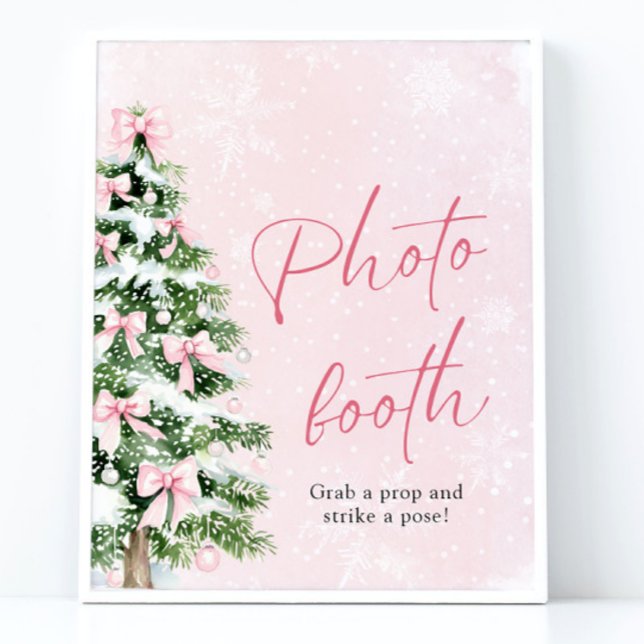Cute Rosa Bows Julgran Photo Booth-tecken Poster (Cute Pink Bows Christmas Tree Photo Booth Sign)