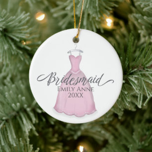 Cute Rosa Bridesmaid Whimsical Bröllop Gown Julgransprydnad Keramik