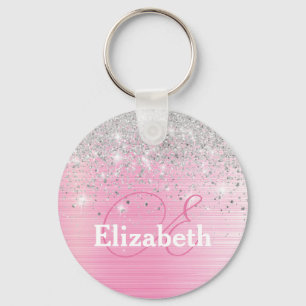 Cute Rosa Brushed Metall Silver Glitter Monogram Nyckelring