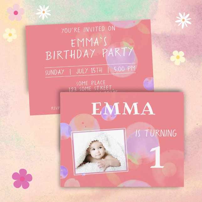 Cute Rosa Bubbles 1:a födelsedagsfoto Party Inbjudan Vykort (Skapare uppladdad)