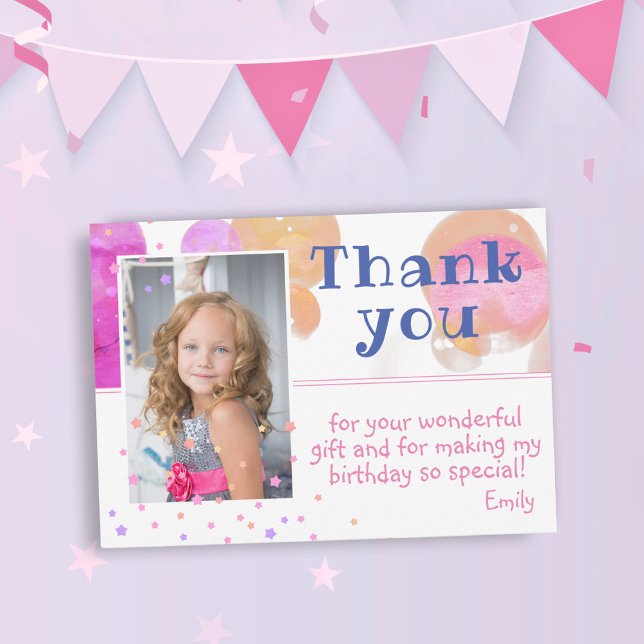 Cute Rosa Bubbles Girly Photo Birthday Tack Kort (Skapare uppladdad)
