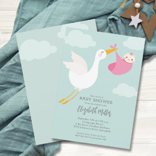 Cute Rosa Bundle Stork Girl Baby Shower Inbjudningar