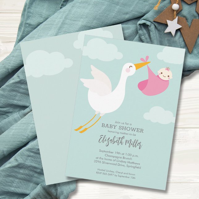 Cute Rosa Bundle Stork Girl Baby Shower Inbjudningar (Cute Pink Bundle Stork Girl Baby Shower Invitations, PRINTED and/or INSTANT DOWNLOAD)