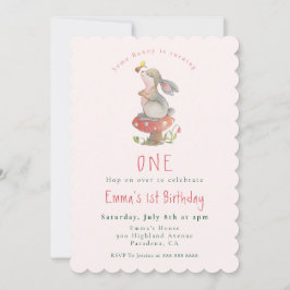 Cute Rosa Bunny 1-årsinbjudan Meddelande
