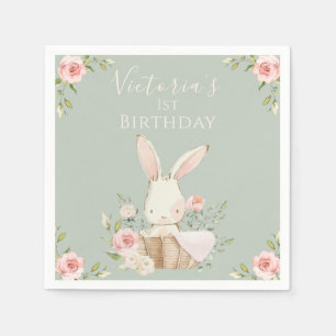 Cute Rosa Bunny 1 Första födelsedag Grönt Pappersservett