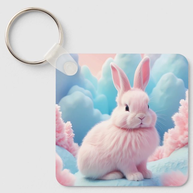 Cute Rosa Bunny Cotton Candy Clouds Nyckelring (Framsida)