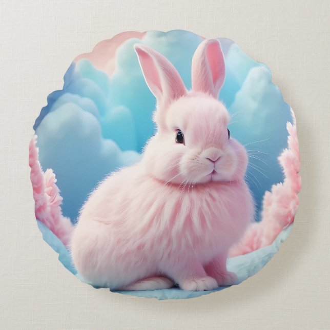 Cute Rosa Bunny Cotton Candy Clouds Rund Kudde (Framsidan)