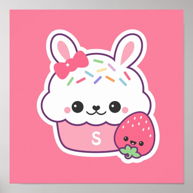 Cute Rosa Bunny Cuptårta Monogram Poster (Framsidan)