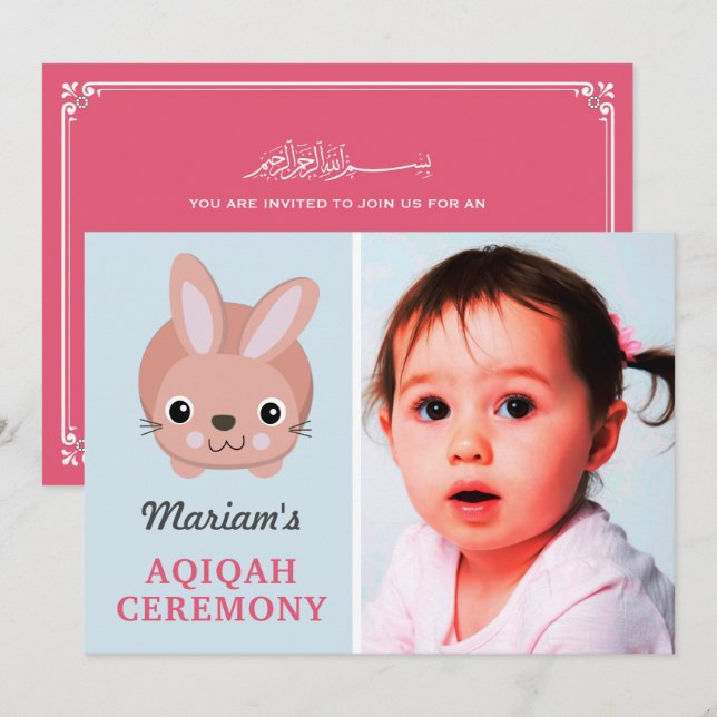 Cute Rosa Bunny Flicka Photo Aqiqah Inbjudningar (Fram/baksida)