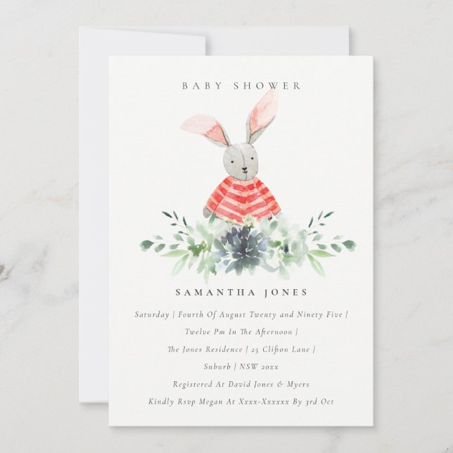 Cute Rosa Bunny Garden Foliage Baby Shower Inbjuda Tack Kort (Framsida)