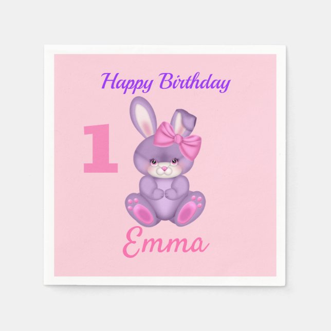 Cute Rosa Bunny Girls Personalize Birthday Rosa Pappersservett (Framsidan)