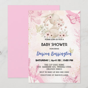 Cute rosa bunny kanin-blomman flicka dusch inbjudningar