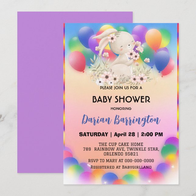 Cute rosa bunny kanin blommor Ballondusch Inbjudningar (Fram/baksida)