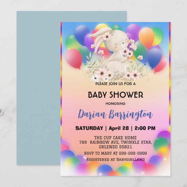 Cute rosa bunny kanin blommor Ballondusch Inbjudningar (Fram/baksida)