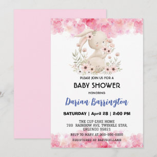 Cute rosa bunny kanin blommor flicka dusch inbjudningar
