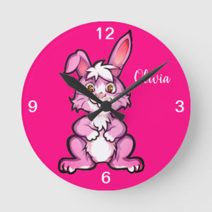 Cute Rosa Bunny Kids Wall Clock Rund Klocka