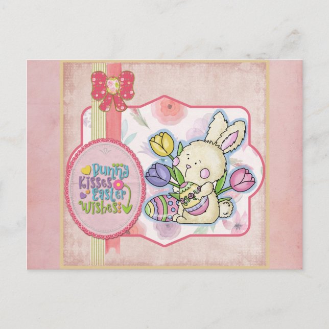 Cute Rosa Bunny Kisses Påsk Önskemål Vykort (Framsida)